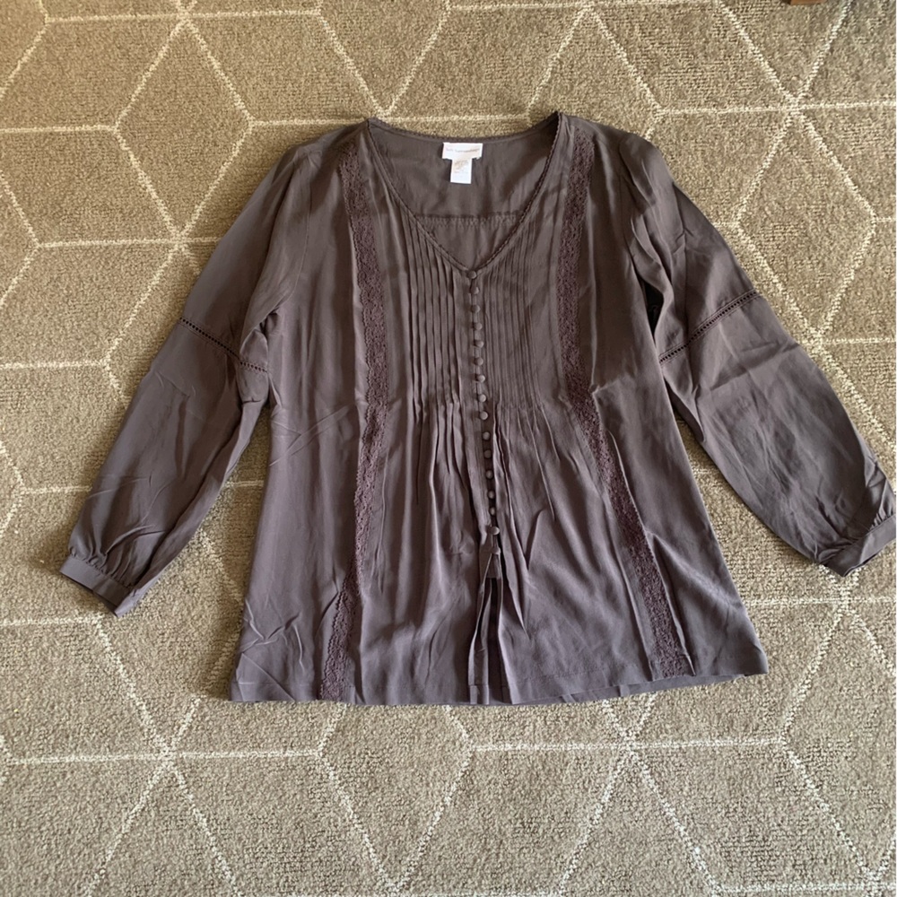 Soft Surroundings M Tunic Top Brown Silk Peasant Button Down Long Sleeve Pintuck - Picture 3 of 9